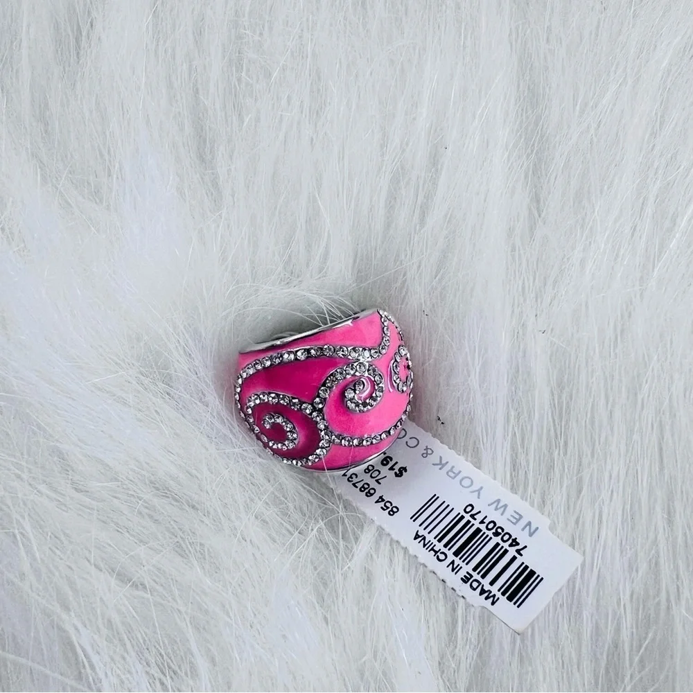 New York & Company NWT Pink and Silver Enamel Rhinestone Ring Size 6